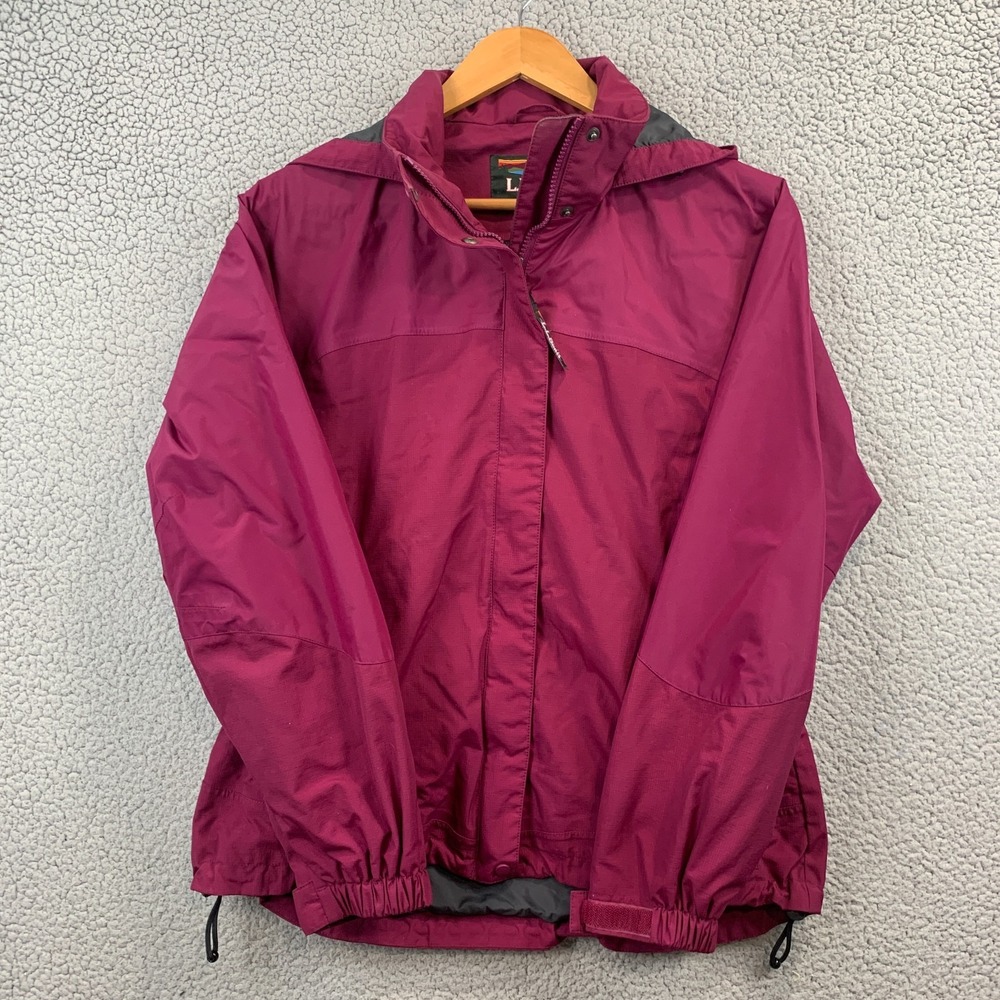 LL Bean M Red Wine Nylon Zip Pockets Fold Up Hood Windbreaker Jacket